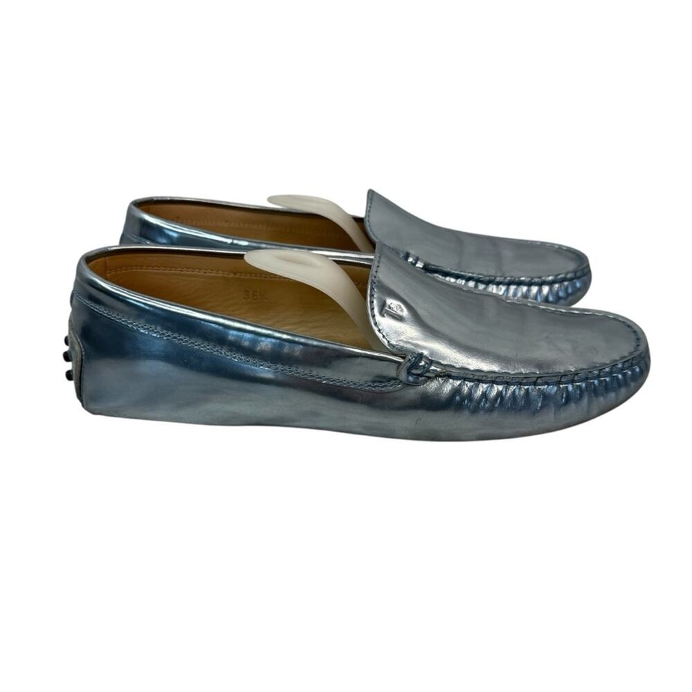 TOD'S Gommino Driving Shoes Leather Metallic Blue Loafer Slip On Womens Sz 36.5